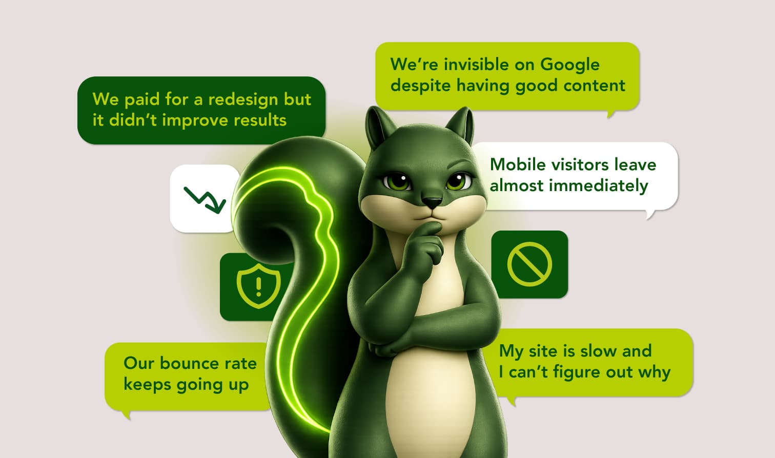 Common website frustrations: slow speed, poor SEO visibility, high bounce rates, outdated design, and mobile visitors leaving immediately