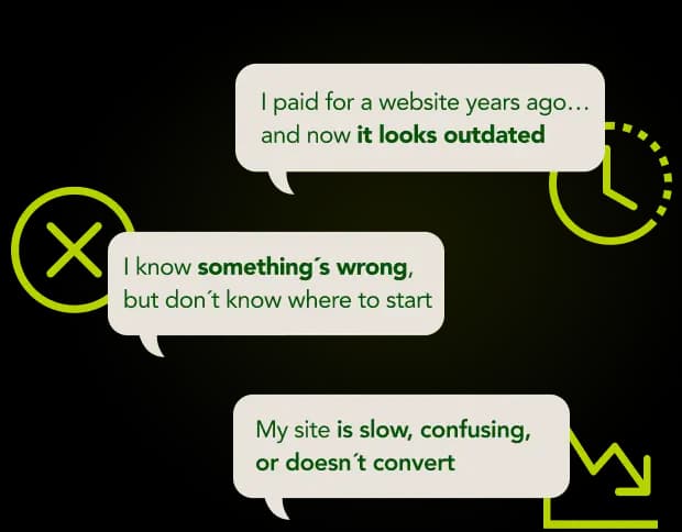 Common pain points: outdated website, slow performance, unreliable developers, not knowing where to start